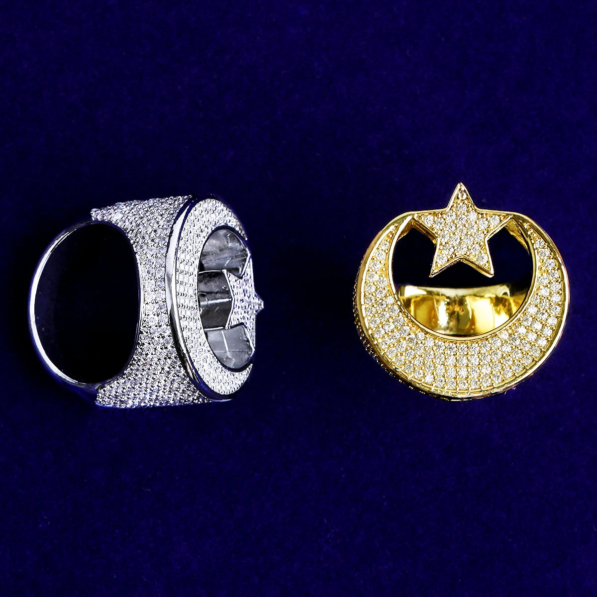 Yellow/Rose/White) Gold Crescent Moon and Star CZ Ring Crescent Moon & Star CZ Diamond Ring display picture 1