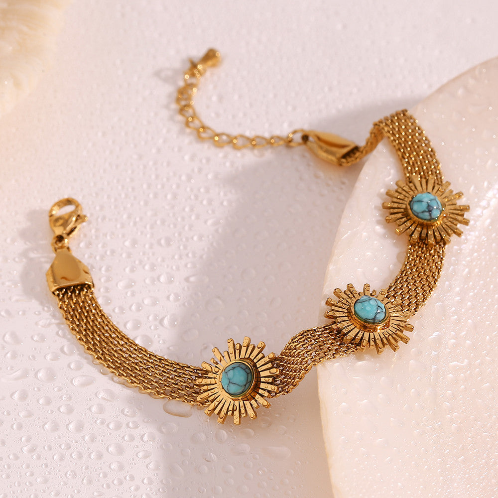 18k Gold Solid Stainless Steel Waterproof Blue Turquoise Sunflower Woven Mesh Chain Bracelet