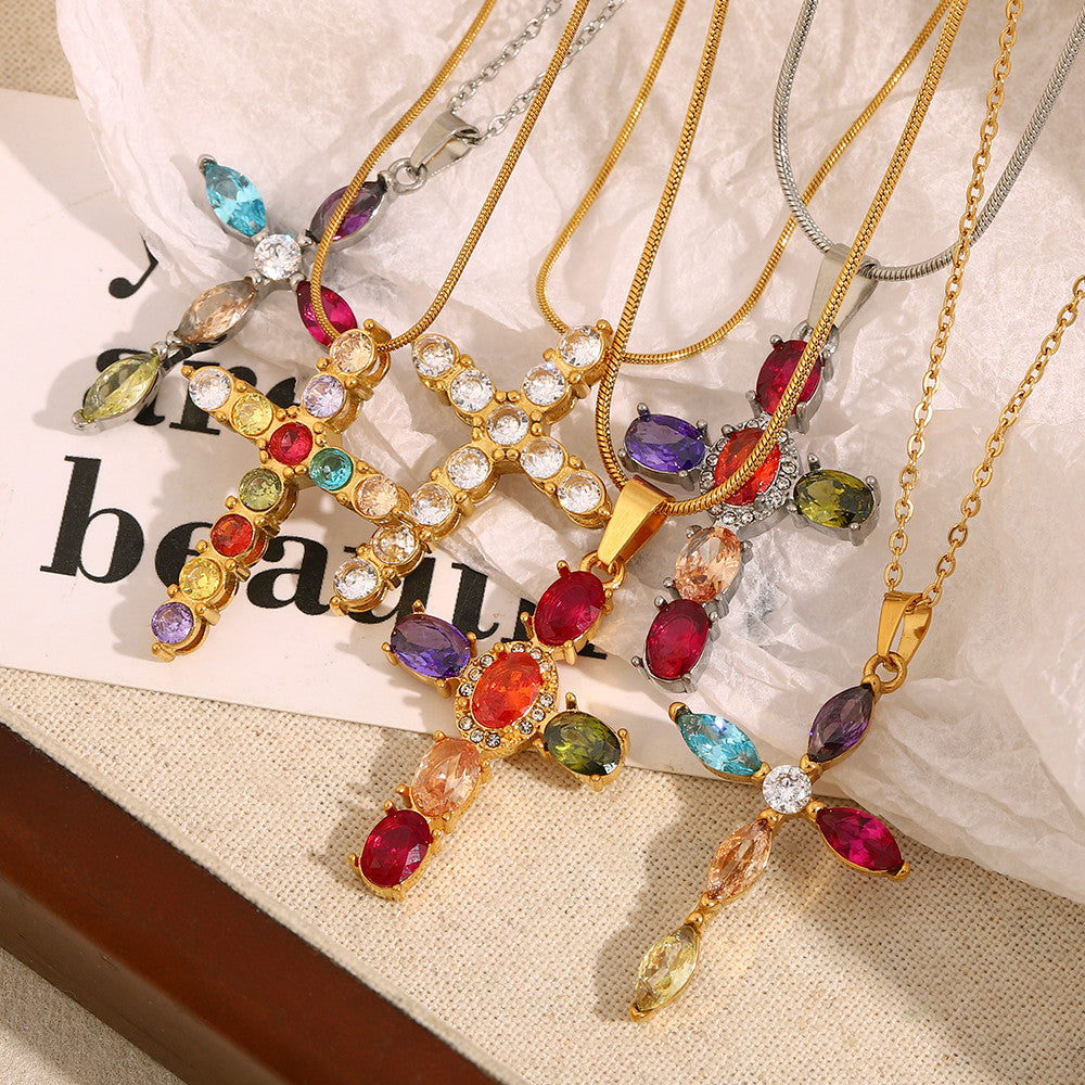 18k Gold Stainless Steel Luxury Colored CZ Cross Pendant Bling No Tarnish Women's Necklace
