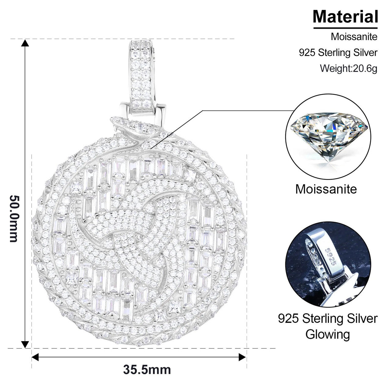 Solid Sterling Silver Ancient Snake Compass Genuine VVS Diamond Baguette Stone Pendant