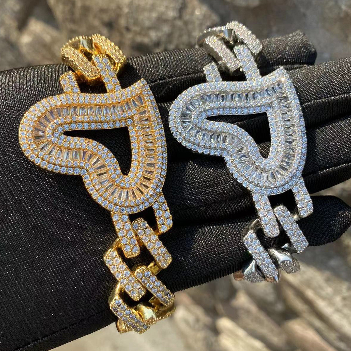 Love's Embrace | Gold Silver Rose Open Heart Of Love Iced Baguette Bracelet