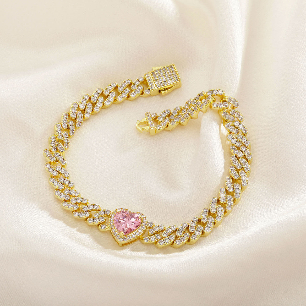 Pink Desire | New 8MM VVS Diamond CZ Cuban Link Pink Heart Bling Gemstone Bracelet