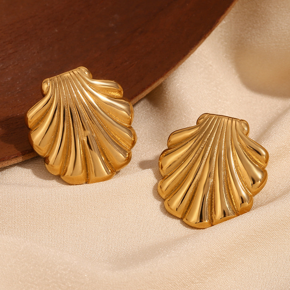 18k Gold Water Resistant Sea Shell Scallop Stud Solid Stainless Steel Boho Earrings