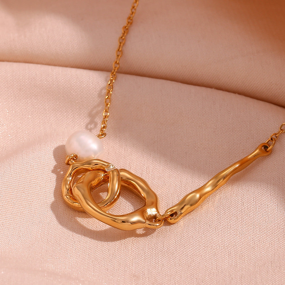 18k Gold Tarnish Free Freshwater Pearl Stainless Steel Double Loop Chain Pendant