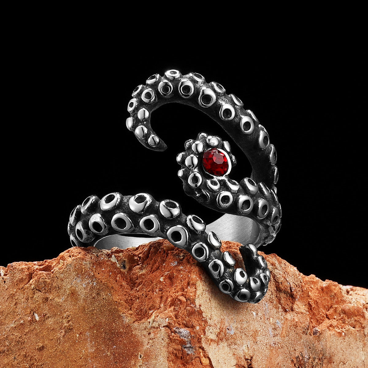 Tentacles | No Fade Stainless Steel Octopus Ruby Eye Street Style Rings