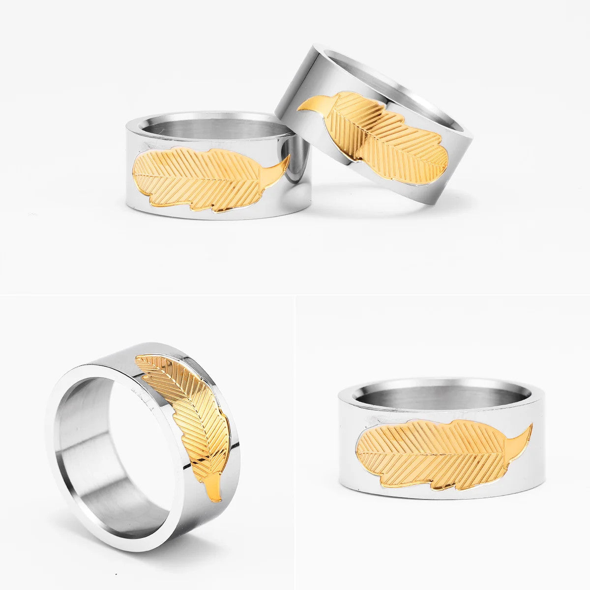Fossil Leaf | 316L Solid Stainless Steel Gold Accented Luxury Designer Mens Rings