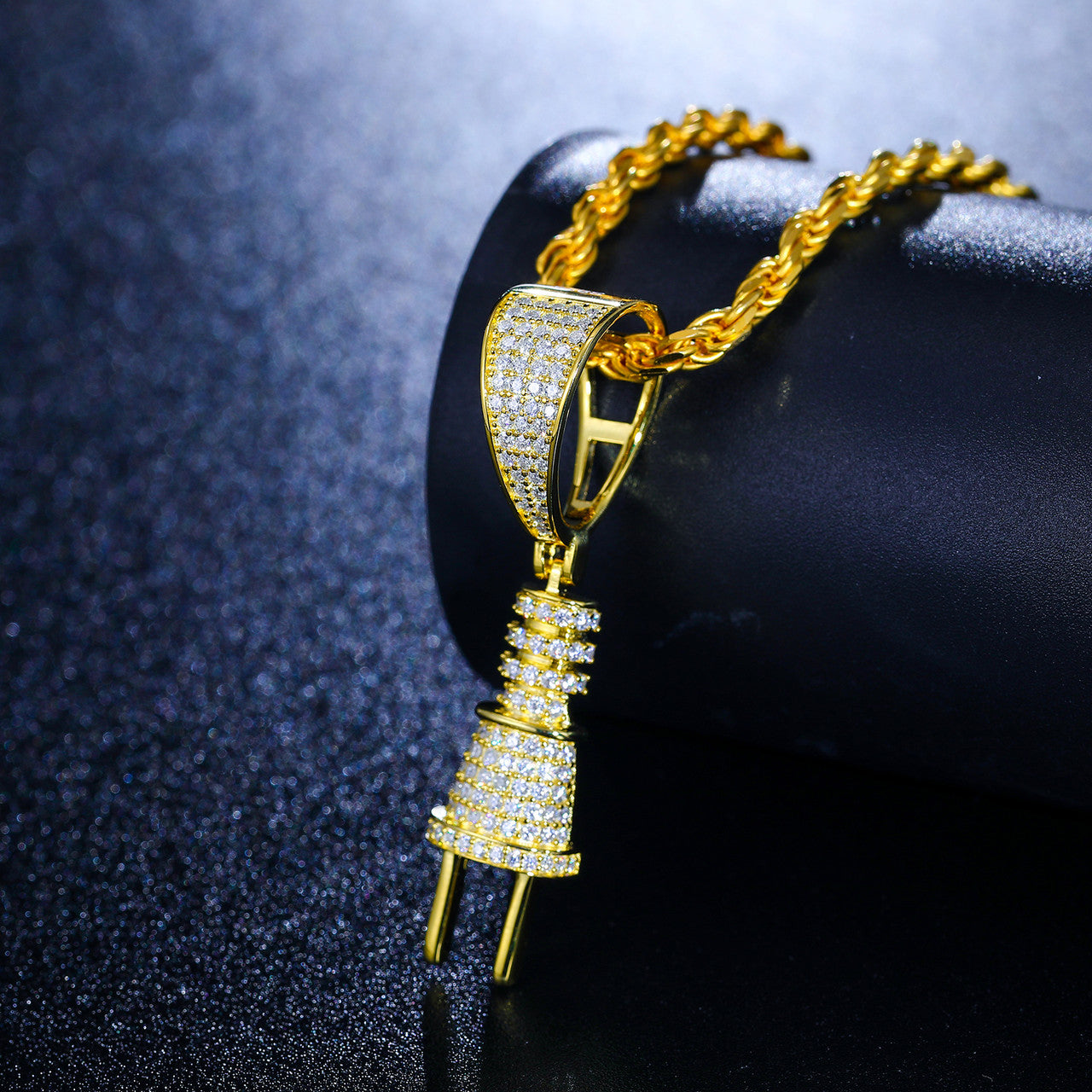 Mens Sterling Silver VVS Diamond Power Plug Hip Hop Pendant Chain Necklace