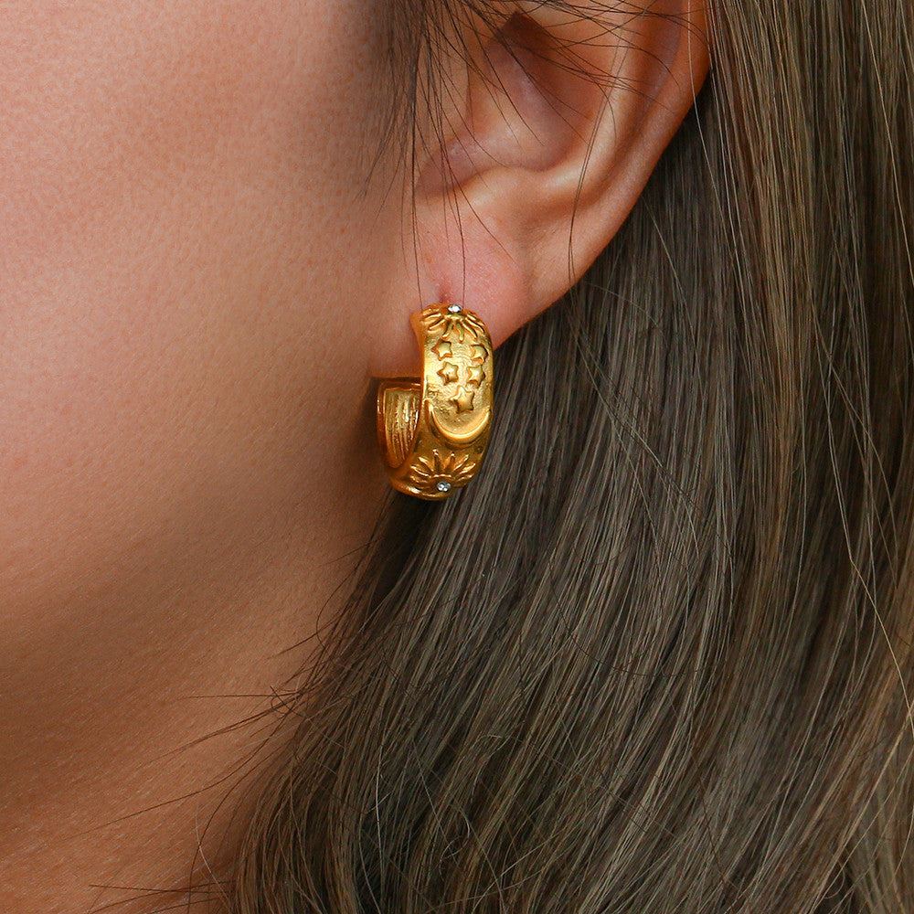 The Universe | Moon Sun Star 18k Gold Over Stainless Steel Chunky Hoop Earrings