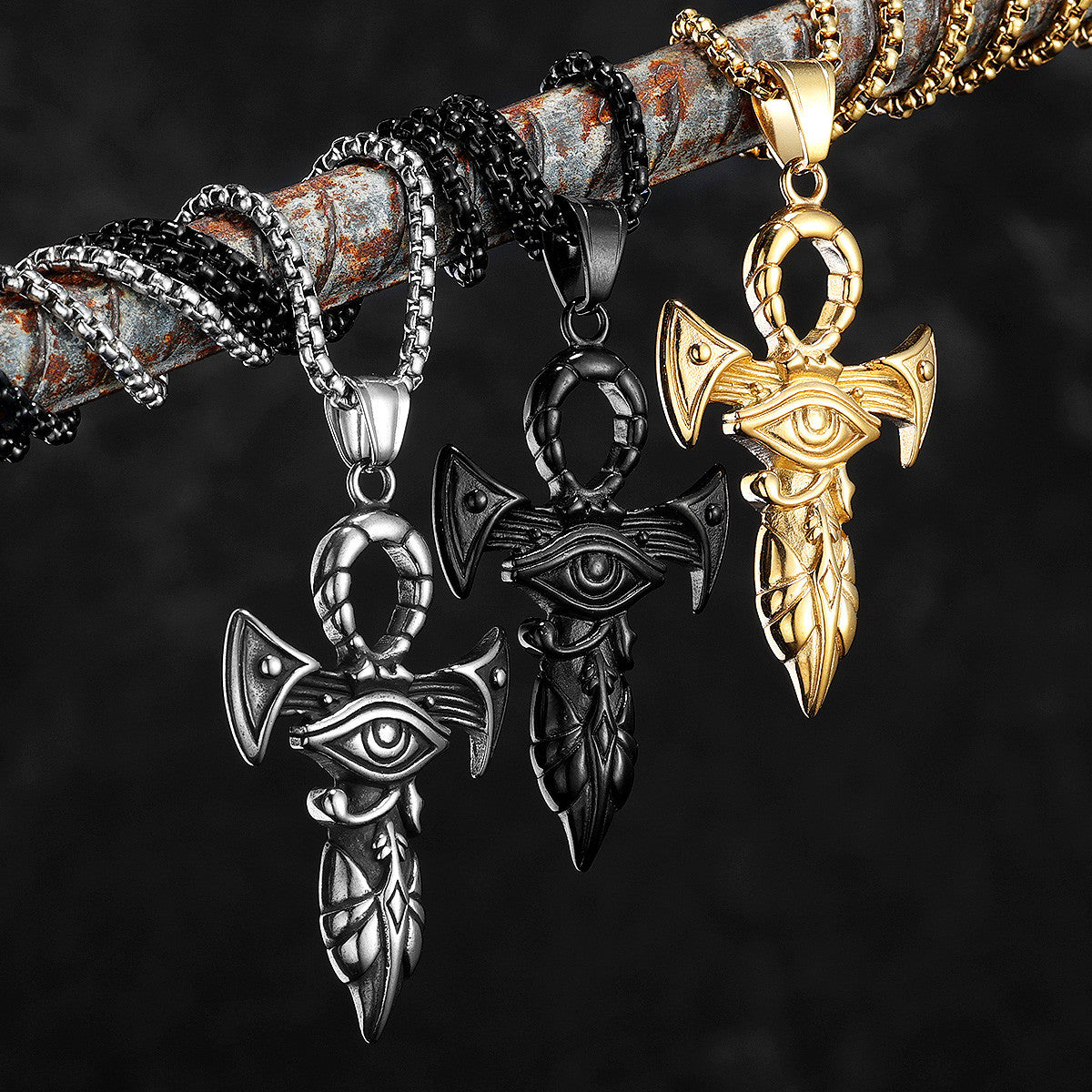 Eye of Horus | 14k Gold Black over No Fade Stainless Steel Ankh Cross Hip Hop Pendant