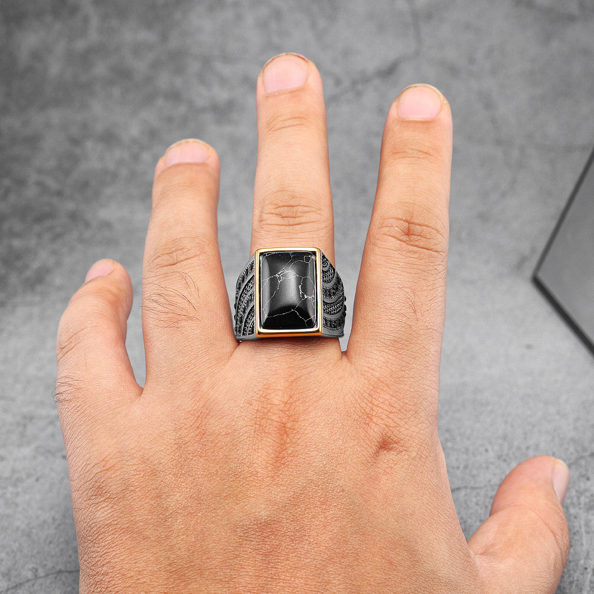 The Blackstone | 316L No Fade Stainless Steel Simple Gemstone Hip Hop Ring