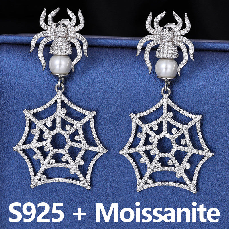 Black widow | Solid 925 Sterling Silver Moissanite Diamond Spider Web Designer Drop Earrings