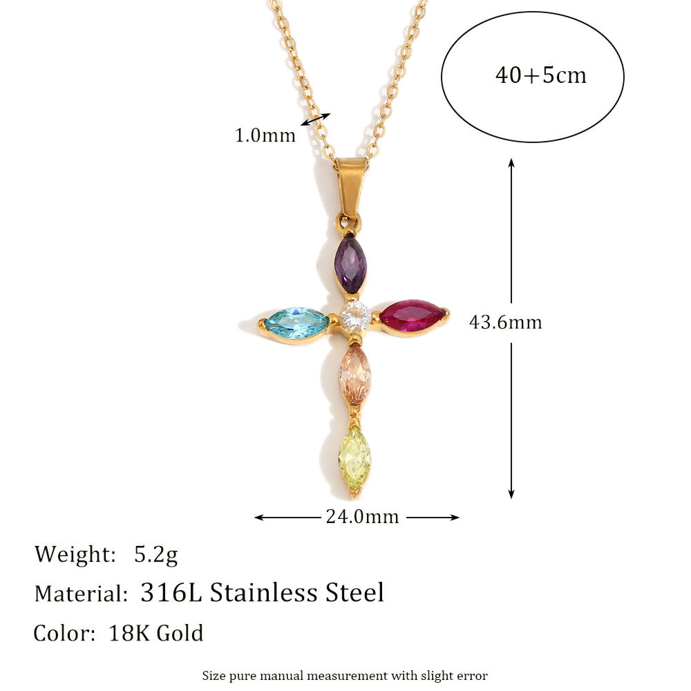 18k Gold Stainless Steel Luxury Colored CZ Cross Pendant Bling No Tarnish Women's Necklace