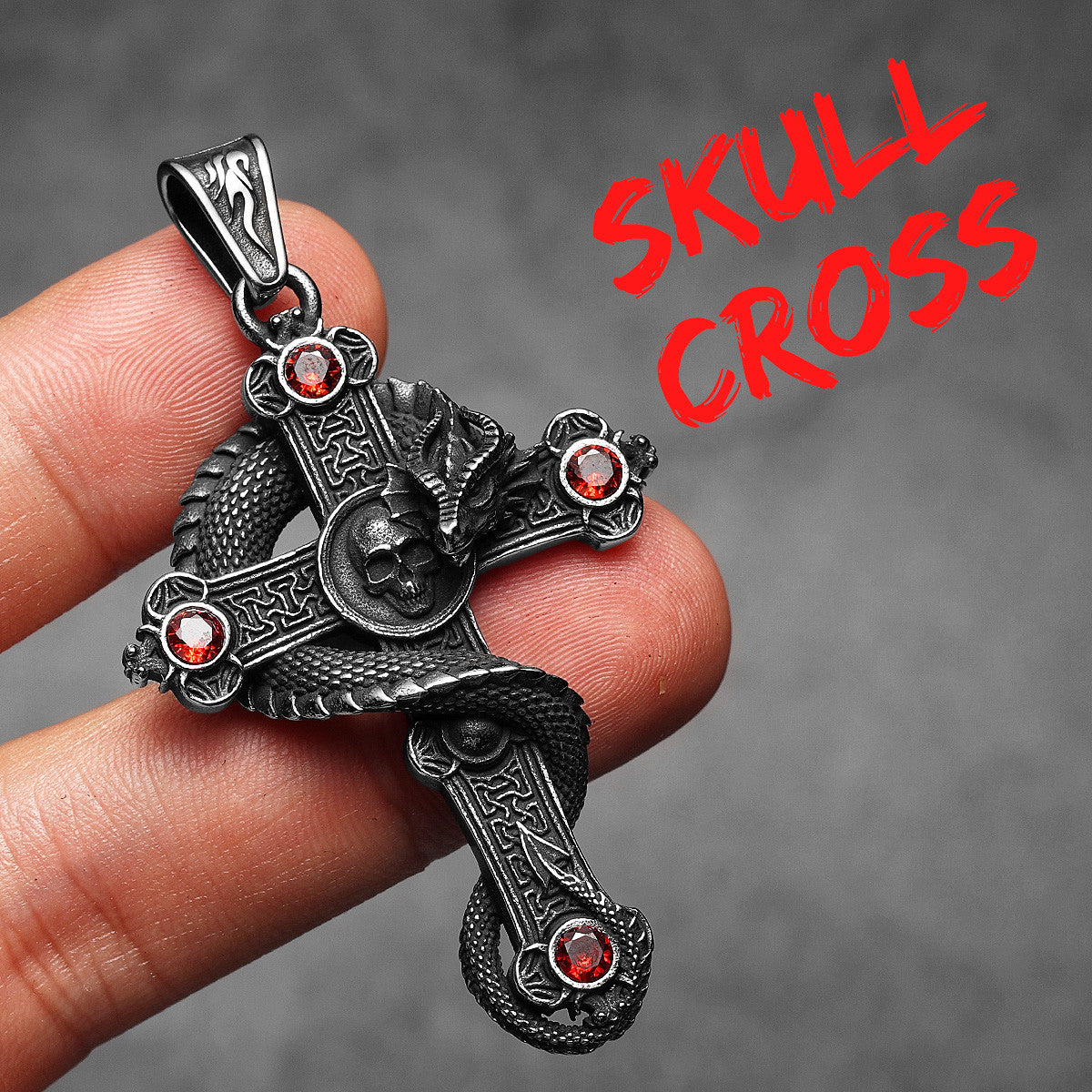 Skull Serpent Cross | 316L Shadow Skull No Fade Stainless Steel Gemstone Cross Pendant