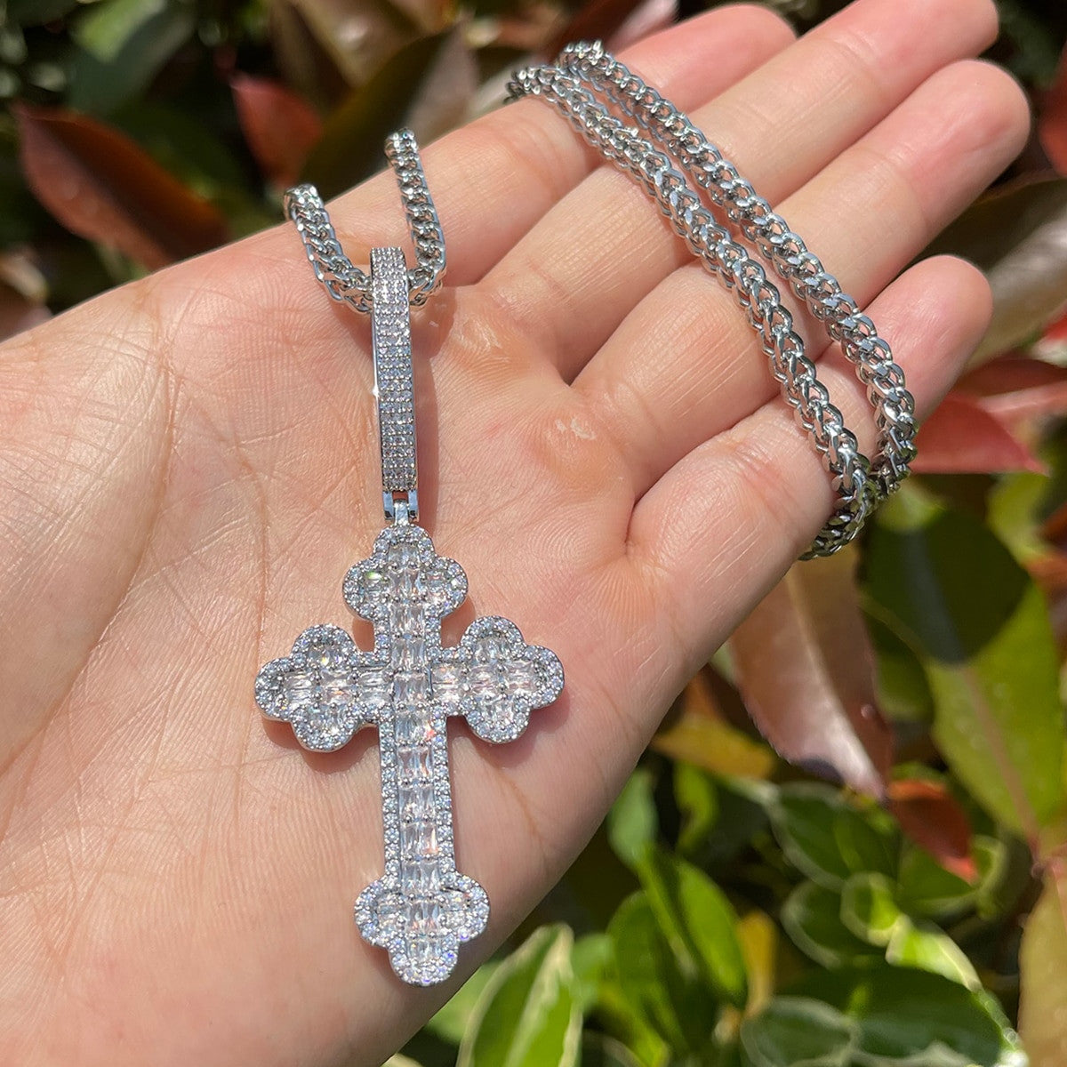 Mens Baguette Iced Blinged Out Clover Cut Hip Hop Cross Pendant Chain Necklace