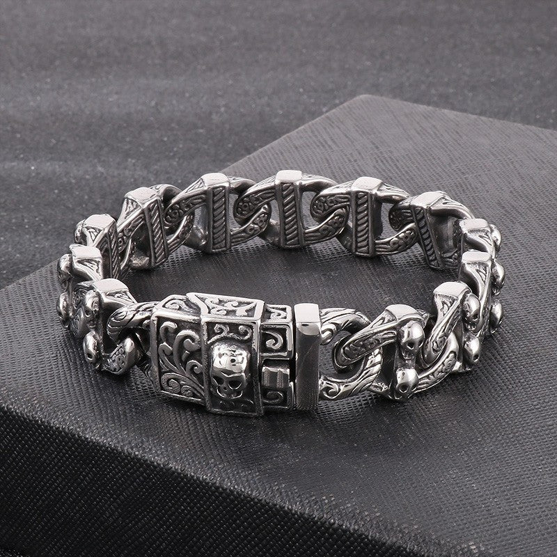 Skullsteel | Mens No Fade Stainless Steel Skull Cuban Link Hip Hop Rock Bracelet