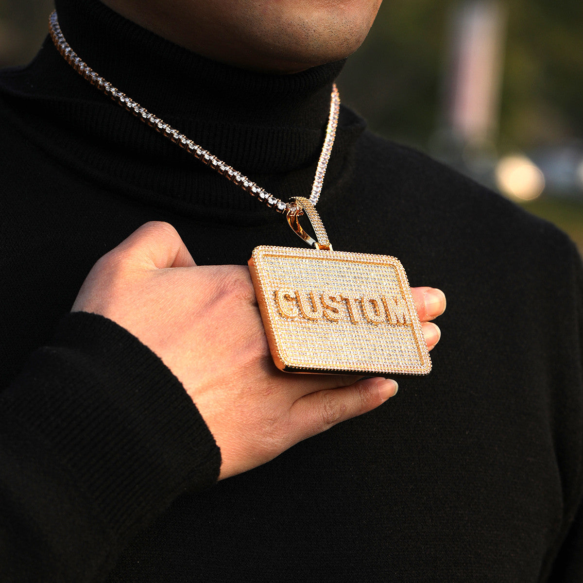 24k Yellow 14k White Gold 5A Stone Custom Made Name Plate Hip Hop Pendant Chain