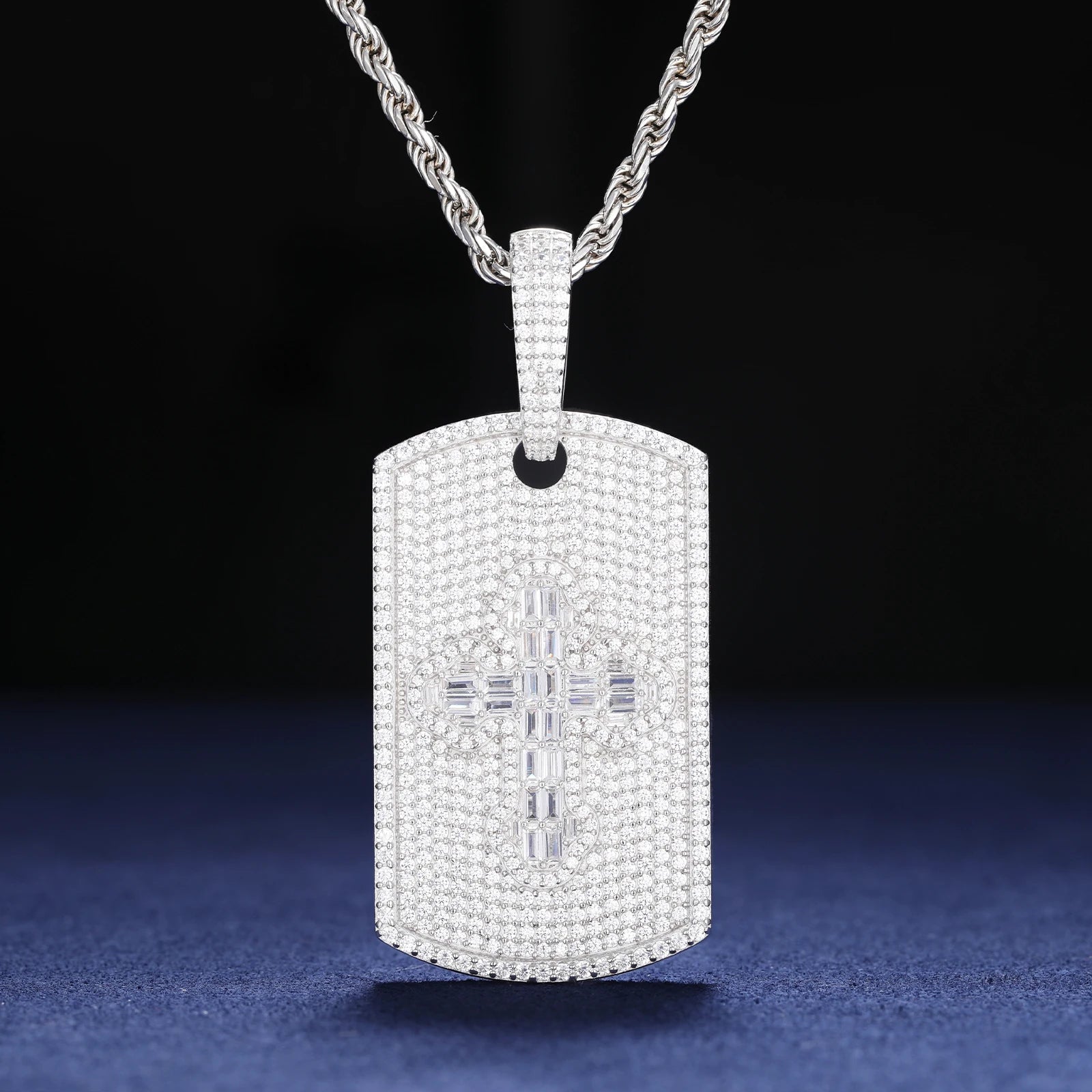Tagged Baguette Cross | Moissanite Diamond Solid 925 Silver Hip Hop Dogtag Pendant