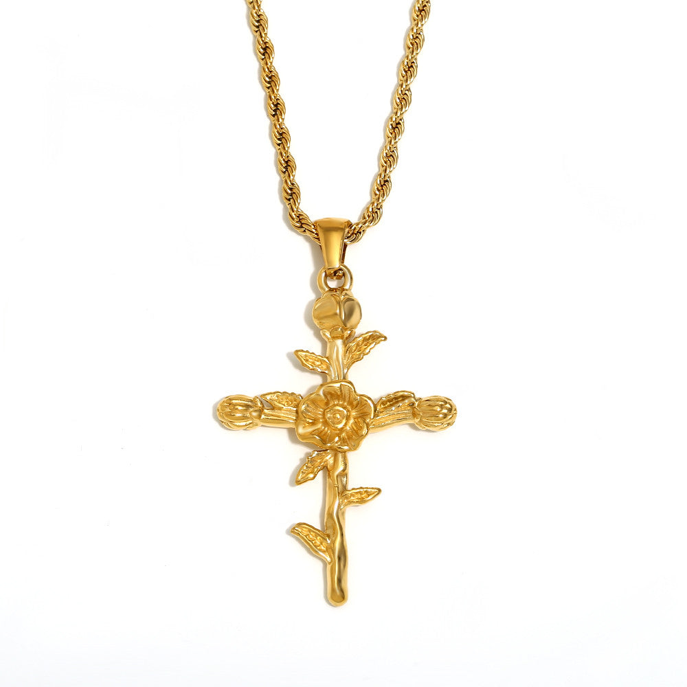 Women's 18k Gold Waterproof Designer Birth Month Flower Cross Tarnish Free Necklace