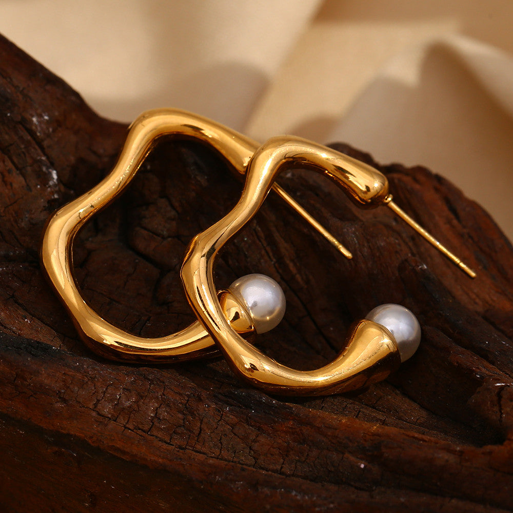 Ladies 18k Gold Silver No Fade Stainless Steel Smooth C-shaped Pearl Earrings