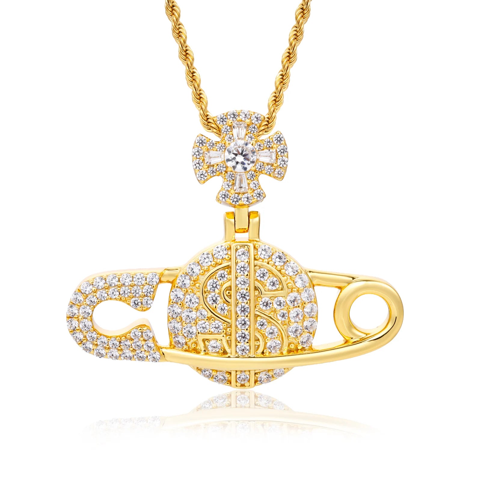 Secure The Bag ll | Iced Blinged Out Moissanite Diamond Safety Pin Money Bag Cross Pendant