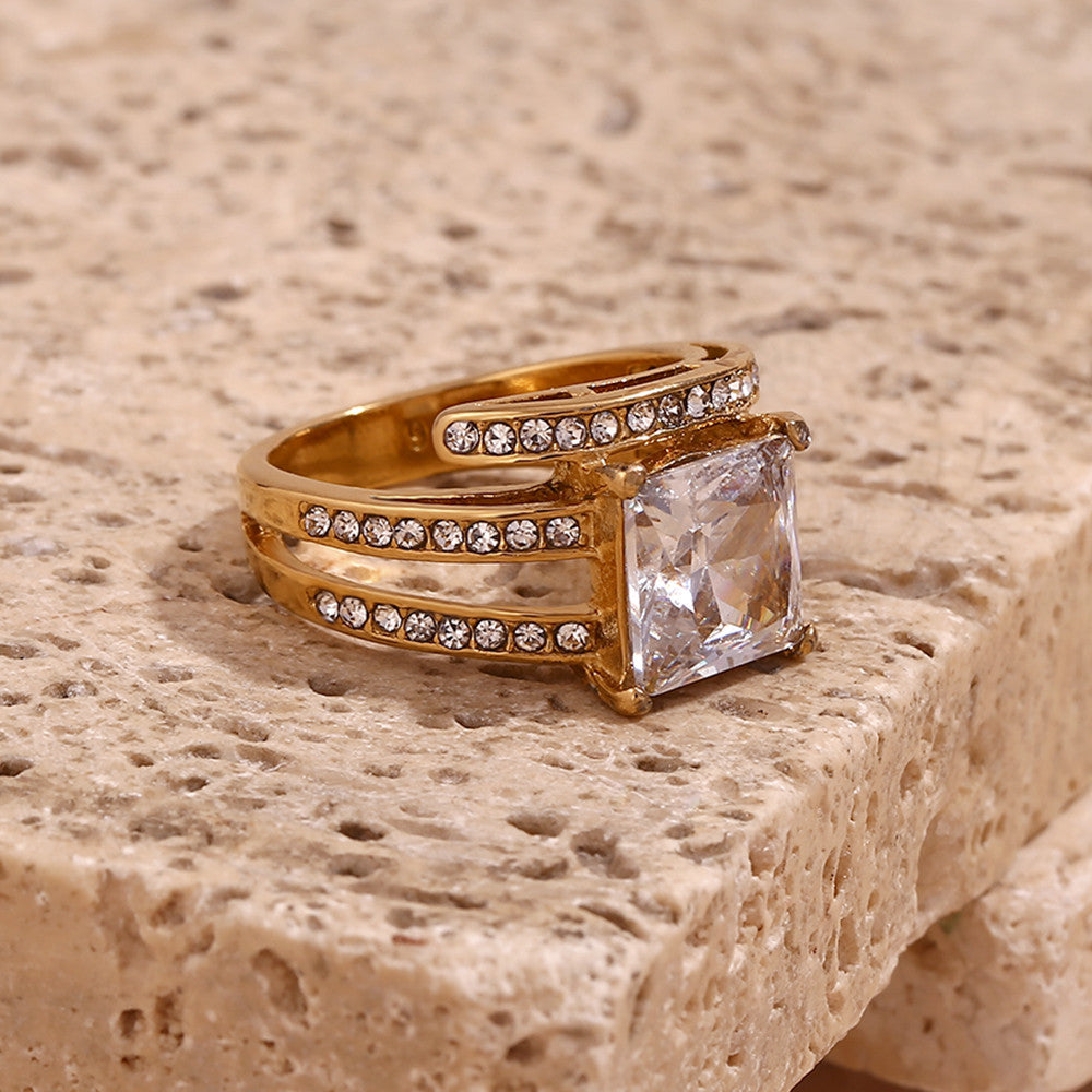 Women's 18k Gold White Zircon Flower Three Layer Wave Pattern Cross Diagonal Rings