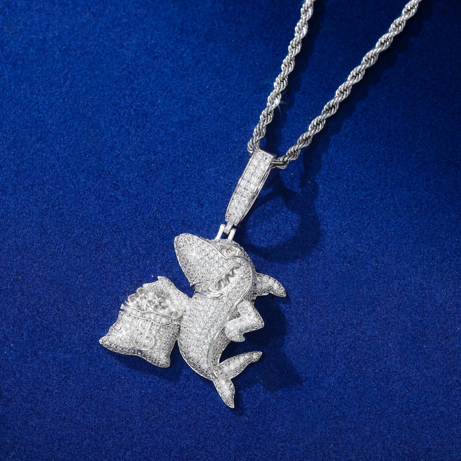 Hustler Shark | 925 Sterling Silver Iced Blinged Out Out Moissanite Shark Money Bag Pendant