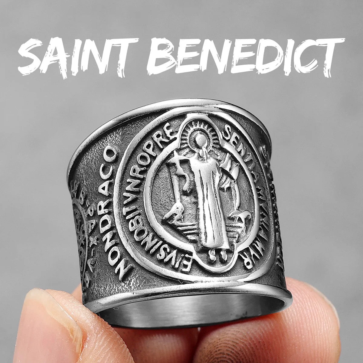 Saint Benedict | 14k Gold Over Solid No Fade Stainless Steel Exorcism Amulet Men Ring