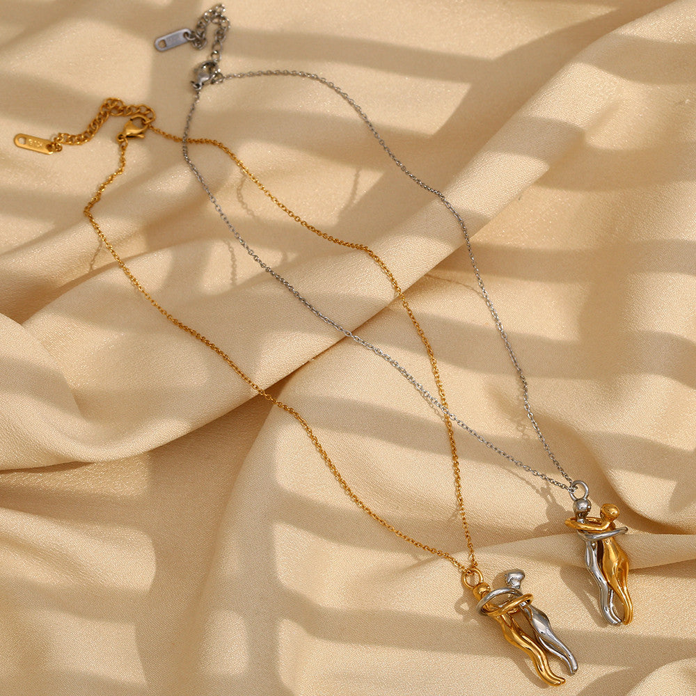 18k Gold Stainless Steel Waterproof Lovers Hugging Couple Silver Pendants Necklace