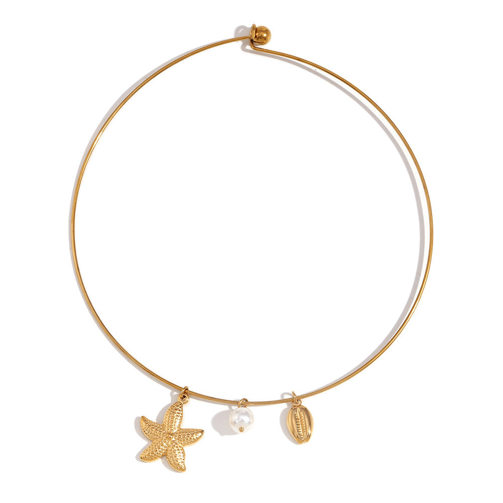 Solid Stainless Steel Starfish Scallop Pearl Waterproof 18k Gold Pendant Chain Necklace