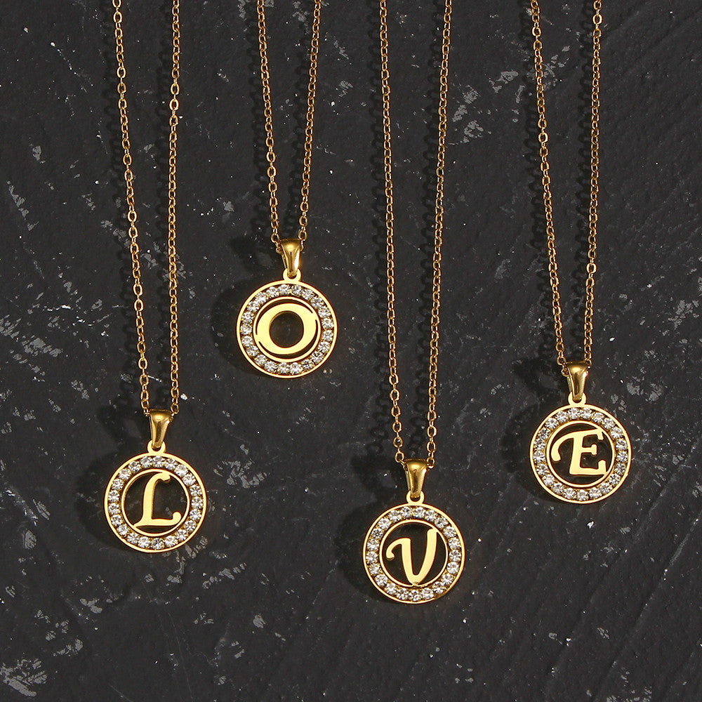 18k Gold Waterproof Hollow Round CZ Paved 26 Alphabet Initial Necklace