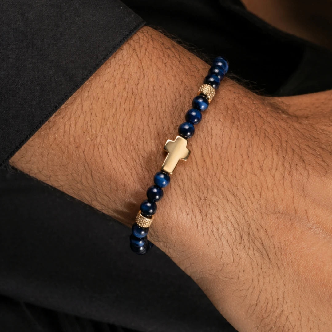Daily Prayer | 316 Stainless Steel Polished Cross Tiger's Eye Stone Bead Luxury Bracelet