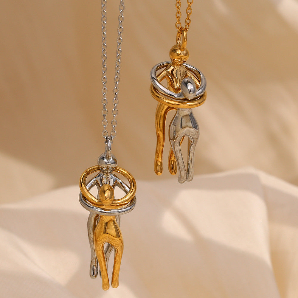 18k Gold Stainless Steel Waterproof Lovers Hugging Couple Silver Pendants Necklace