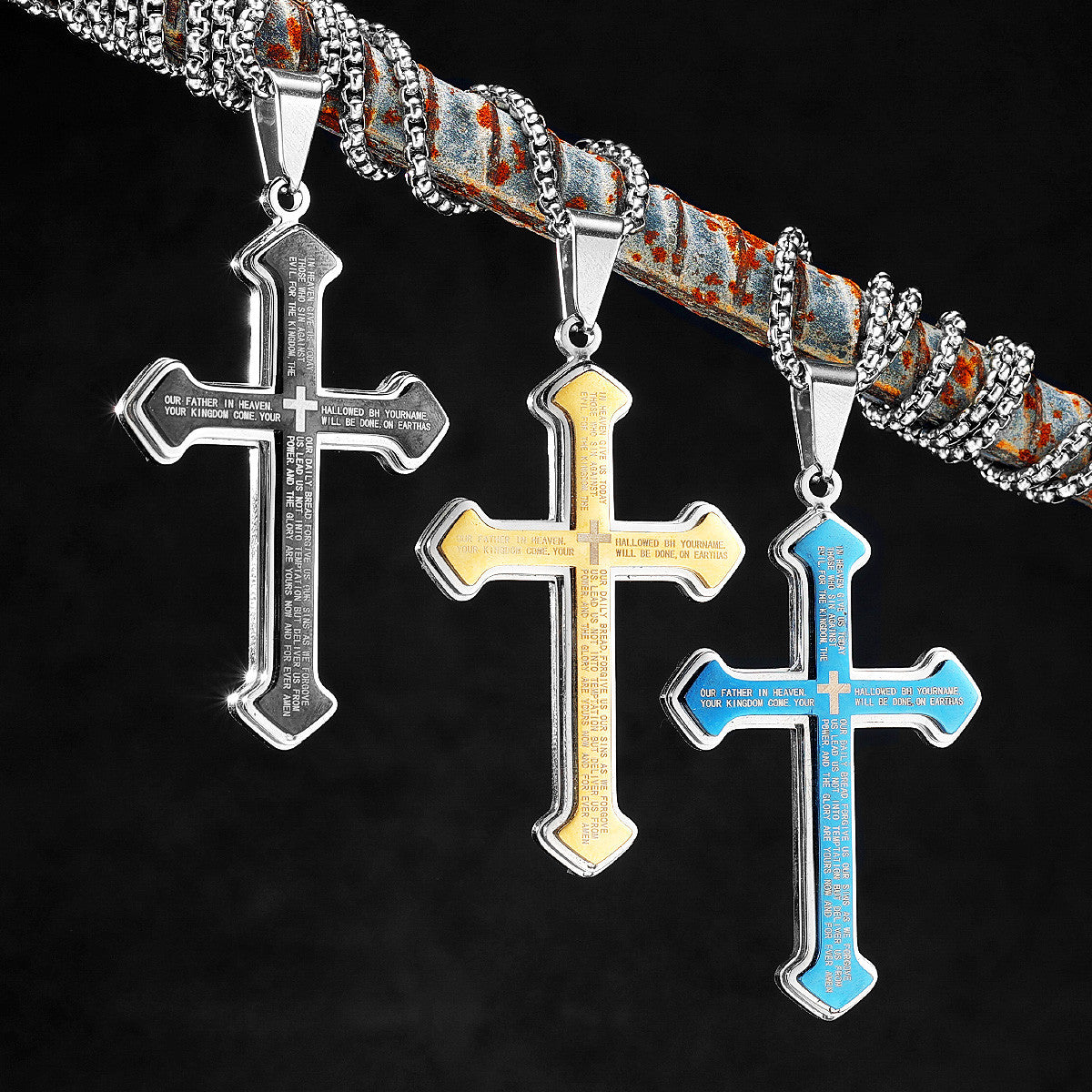 Layered Cross | 14k Gold Black Blue Solid Stainless Steel Hip Hop Street Style Cross Pendant