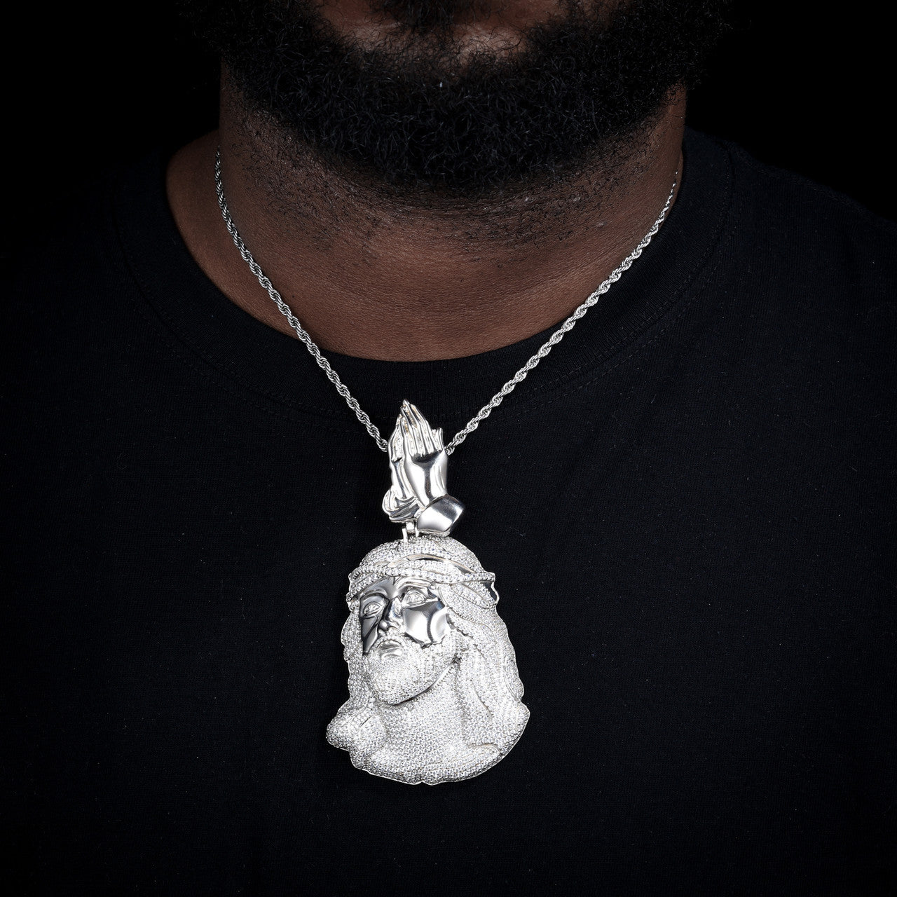 Child Of the King | Solid Sterling Moissanite Diamond Prayer Hands Jesus Piece Chain