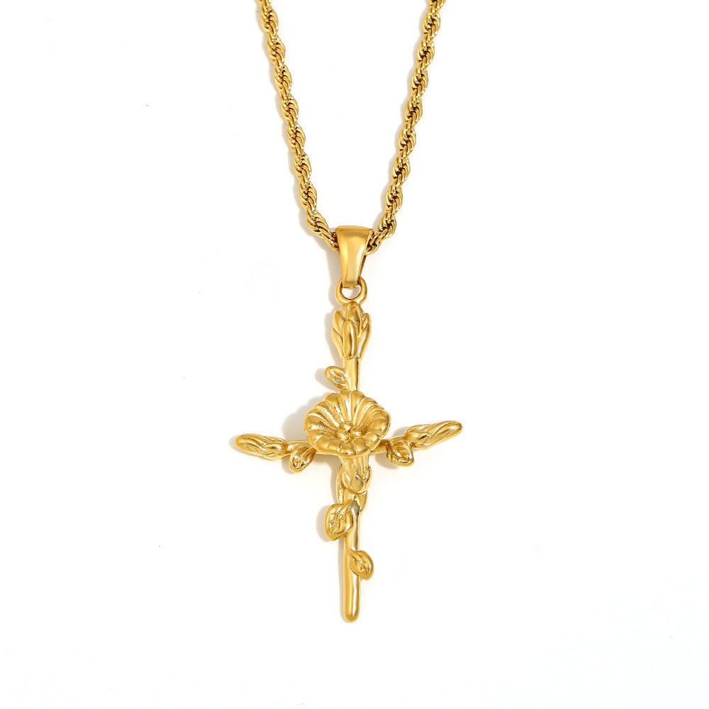 Women's 18k Gold Waterproof Designer Birth Month Flower Cross Tarnish Free Necklace