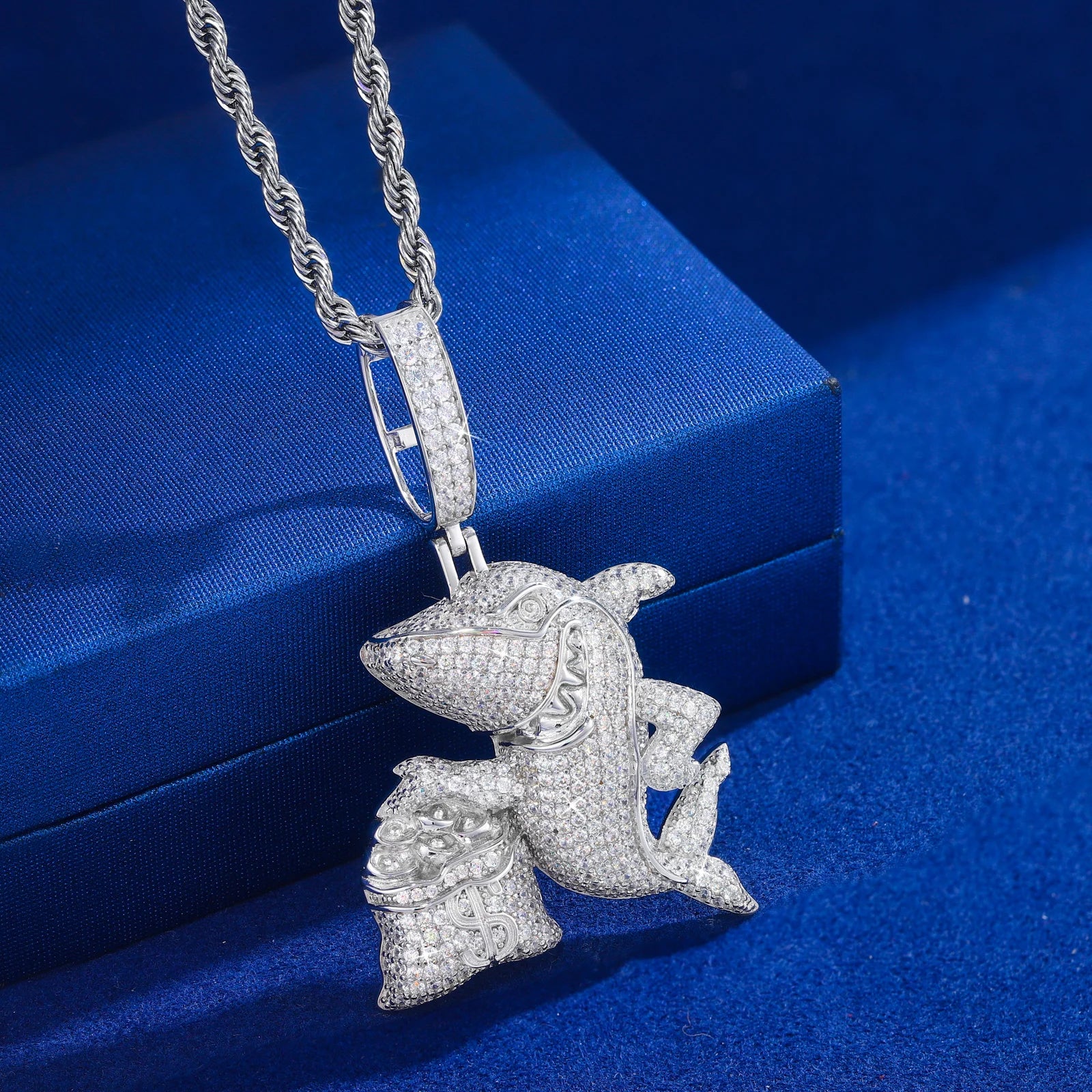 Hustler Shark | 925 Sterling Silver Iced Blinged Out Out Moissanite Shark Money Bag Pendant