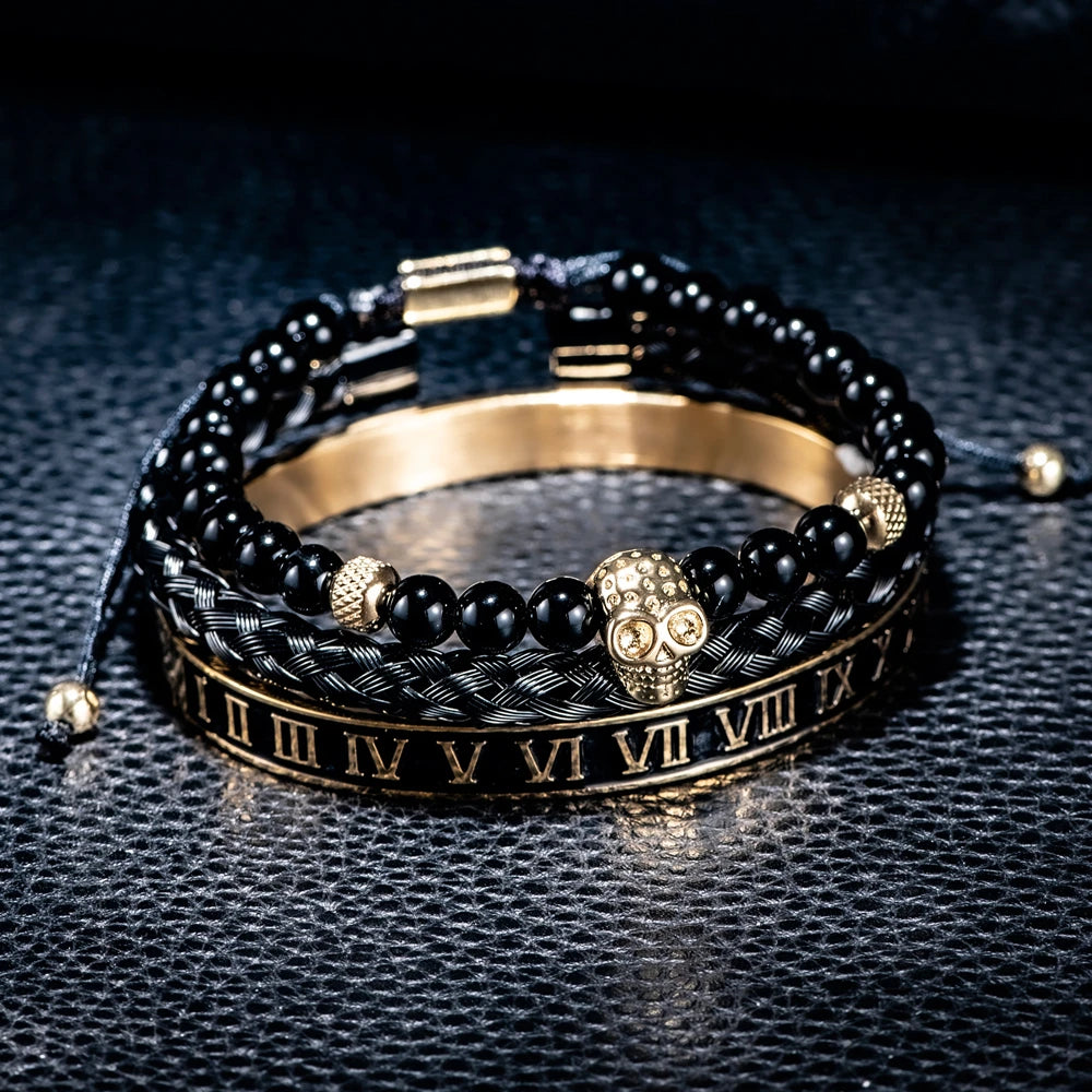 Imperial Force | Luxury Kings Crown 18k Gold Black Stainless Steel Bracelet 3 Piece Set