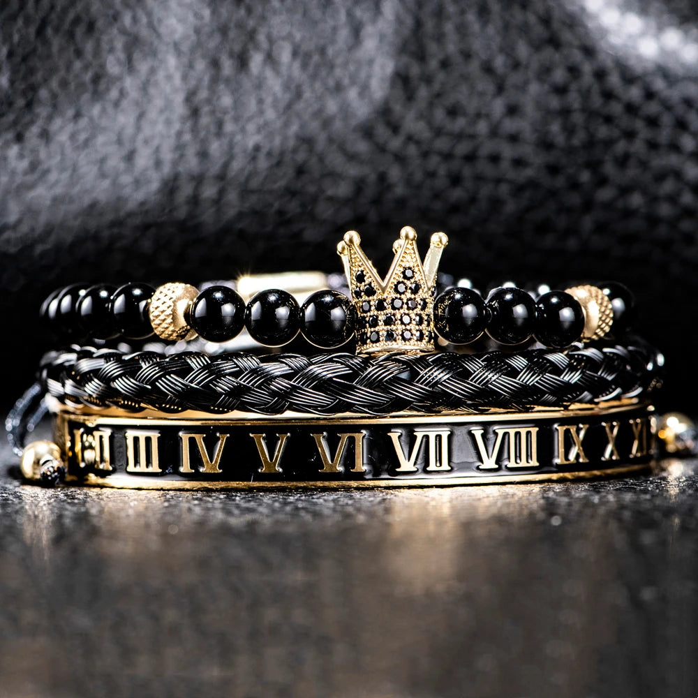 Imperial Force | Luxury Kings Crown 18k Gold Black Stainless Steel Bracelet 3 Piece Set