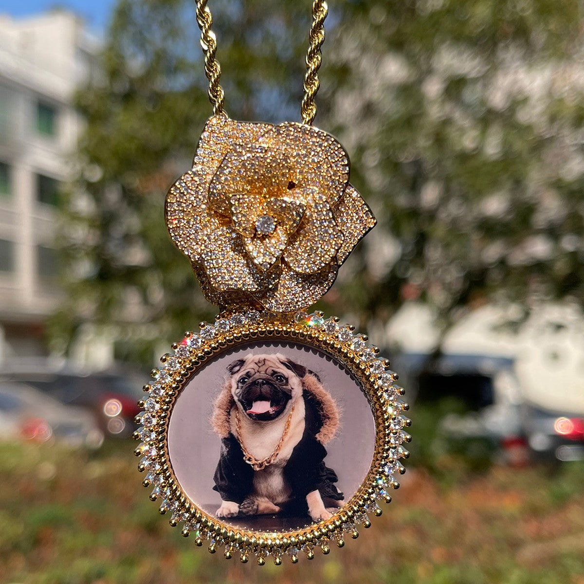 Custom Made Rose Heart Bail Prong Set Stone Photo Picture Pendant Chain Necklace