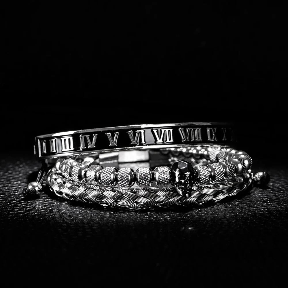 Skull Charm | No Fade Stainless Steel Black Roman Numeral Luxury Men's Bracelets