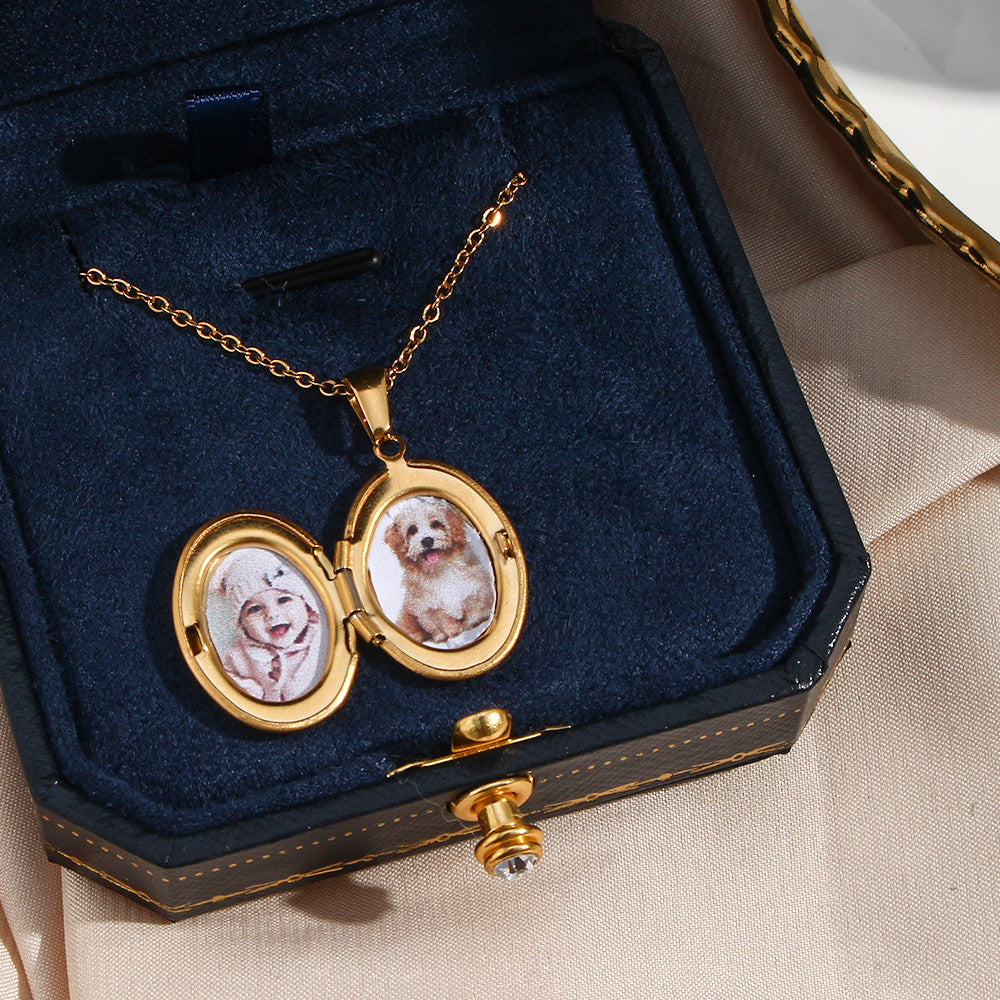 18k Gold Waterproof Picture Oval Photo Locket Memory Keepsake Stainless Steel Pendant Necklace