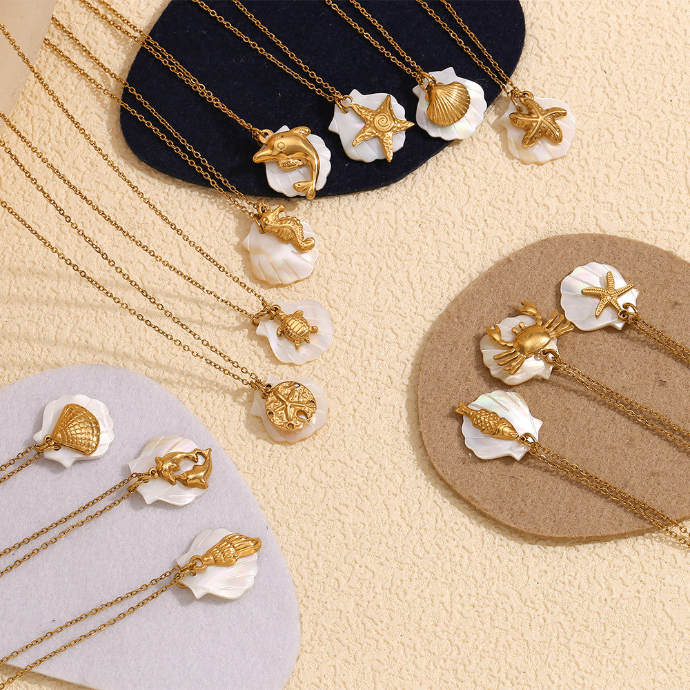 18k Gold Stainless Steel Waterproof Sea Animals Starfish Dolphin Mother Of Pearl Necklaces