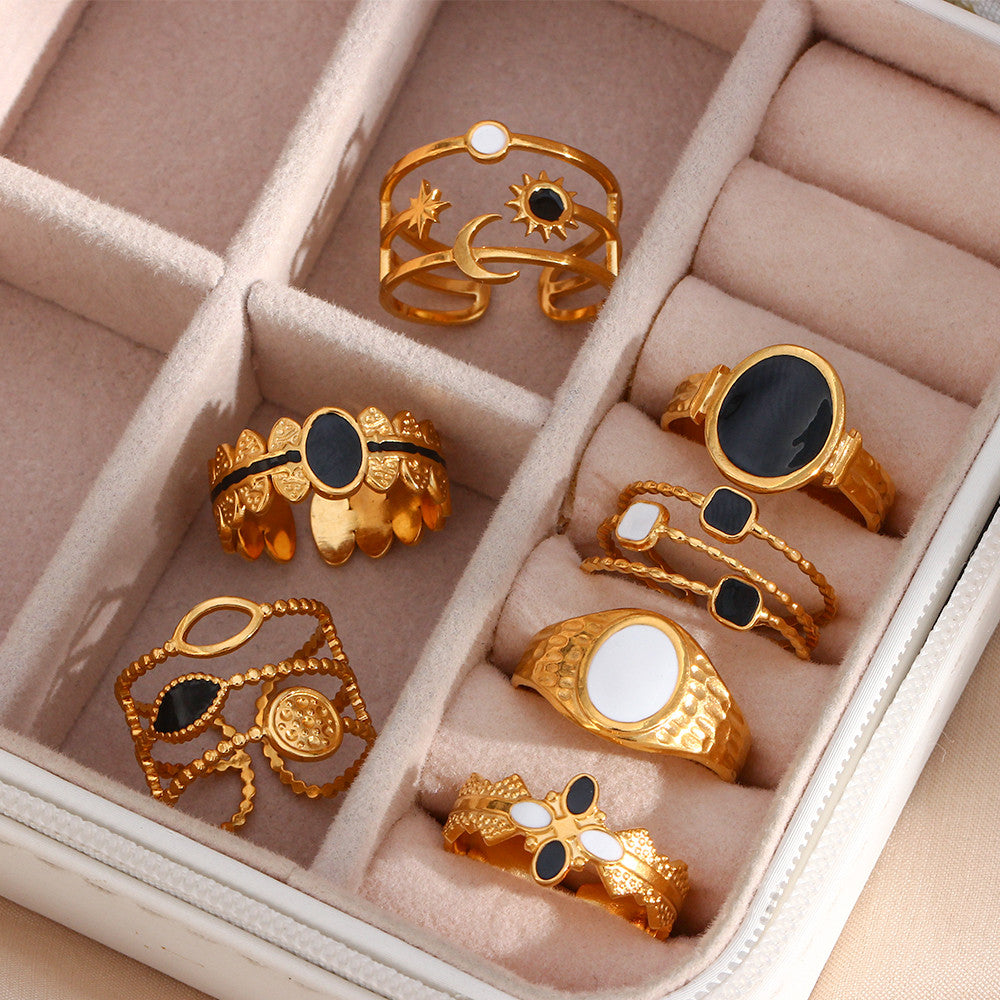 Enamel Black | 18k Gold over No Fade Stainless Steel Hollow Adjustable Rings