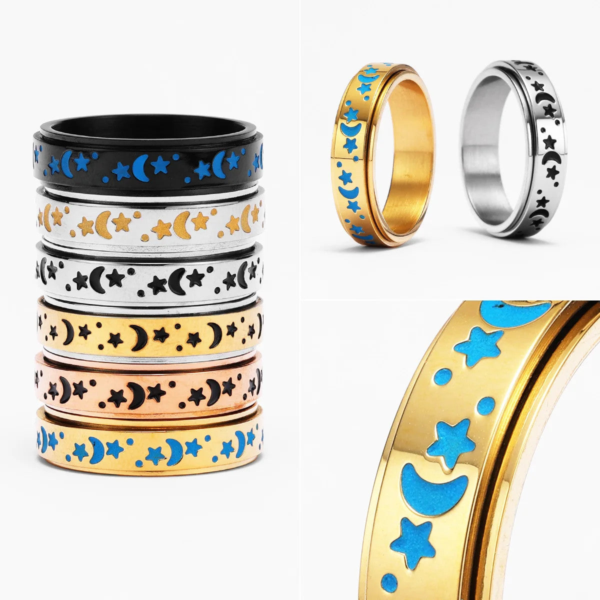The Night Sky | 316L Stainless Steel Stars Moon Luminous Glowing Rotatable Rings