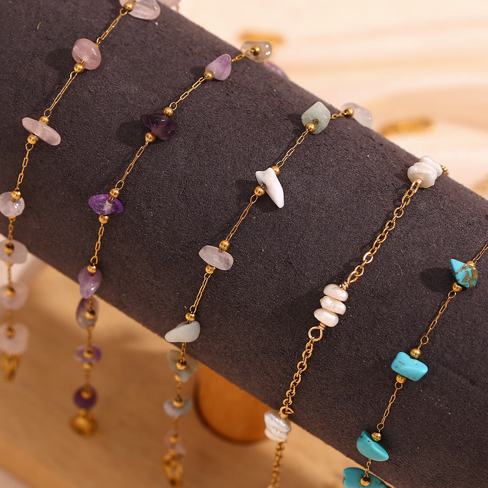 18k Gold Stainless Steel Natural Crushed Stone Handmade Waterproof Anklet Ankle Bracelets