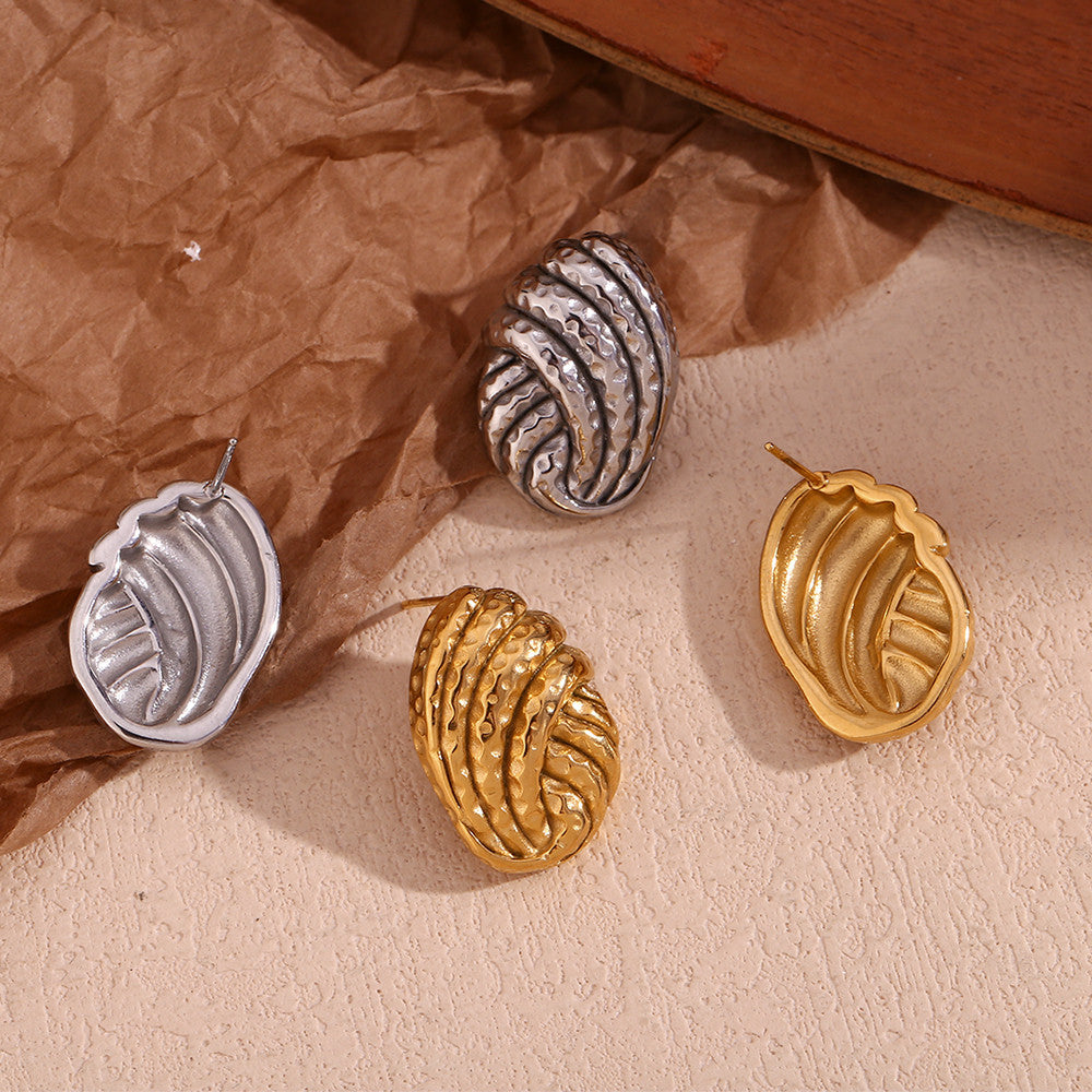 18k Gold Sea Shell Pattern Solid Stainless Steel Waterproof Button Stud Earrings