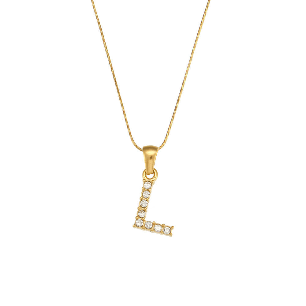 18k Gold Stainless Steel Thin Snake Chain 3A Zircon Stone Paved Initial Necklace