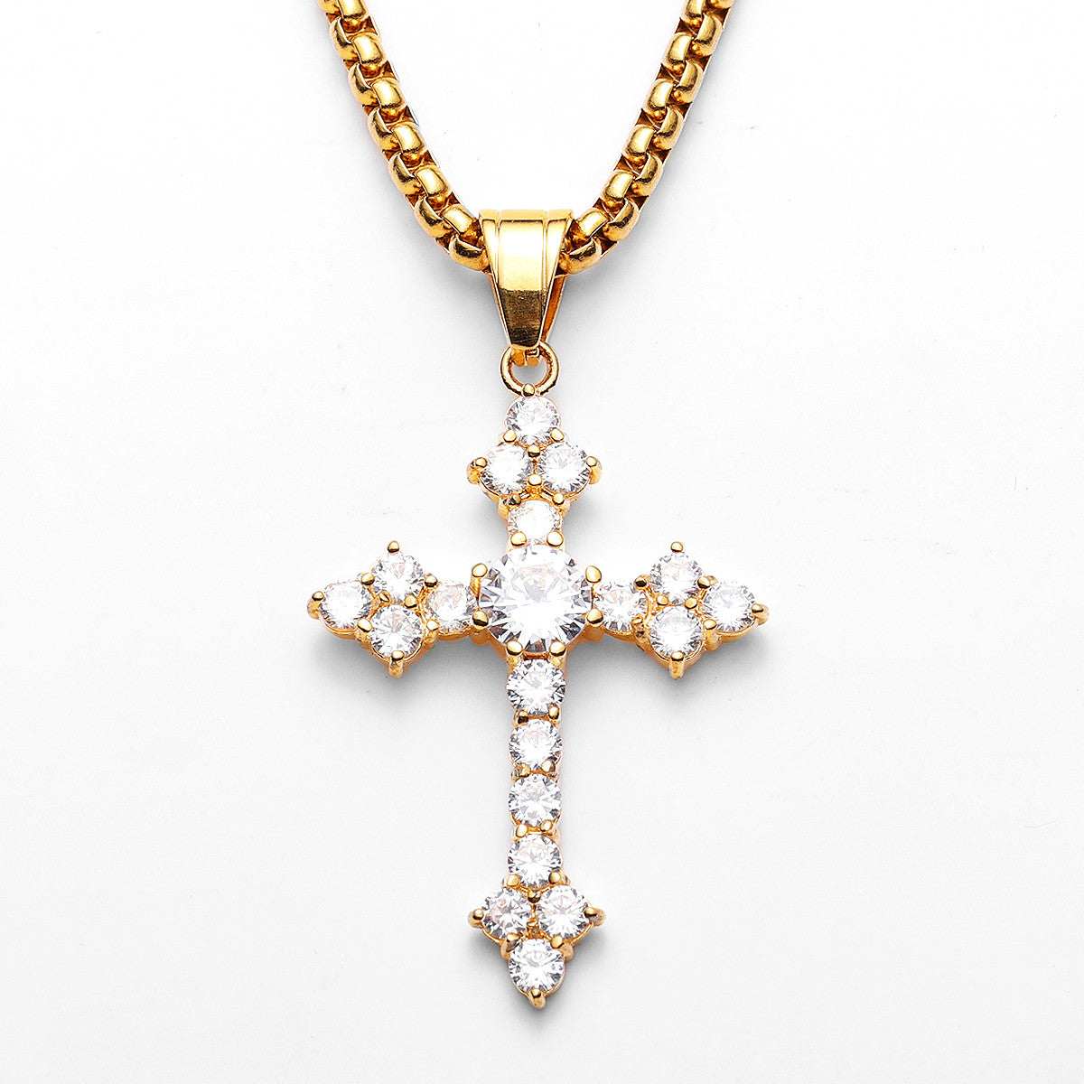 Gemstone Simple Cross | No Fade Stainless Steel Iced CZ Stone 14k Gold Bling Cross Pendant