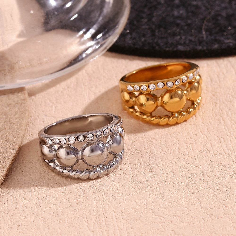 316L Stainless Steel Three Layer Round Bead Twists 18k Gold Waterproof Rings