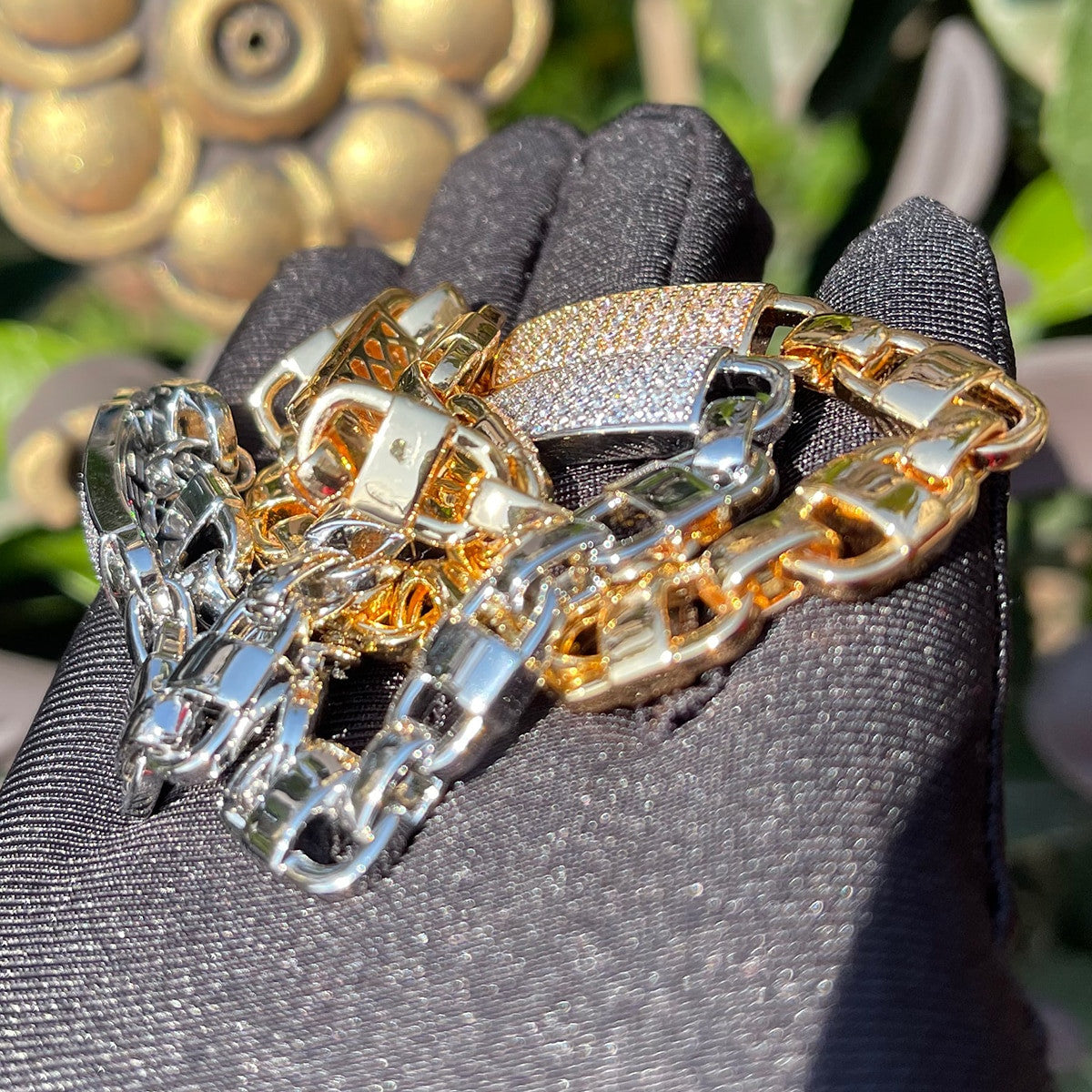 Mens 8mm Square Cluster Stone Swag Lock 24k 925 Silver Hip Hop Bracelet